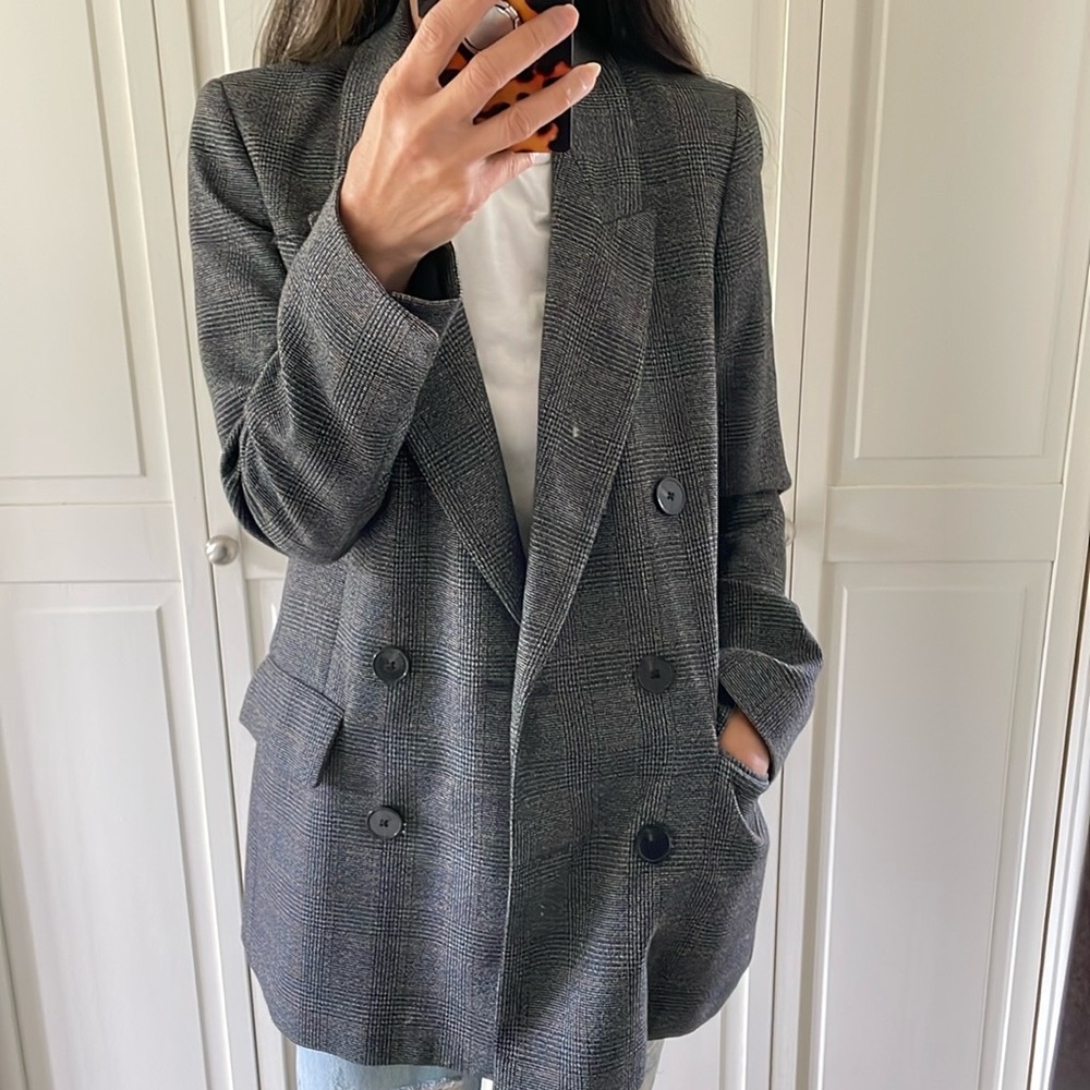 Zara Brown Checked Micro Plaid Double Breasted Overszied Blazer Size XS